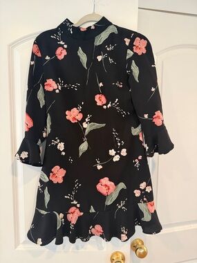 MINKPINK Black Floral Ruffle Hem Dress with Pink Blooms